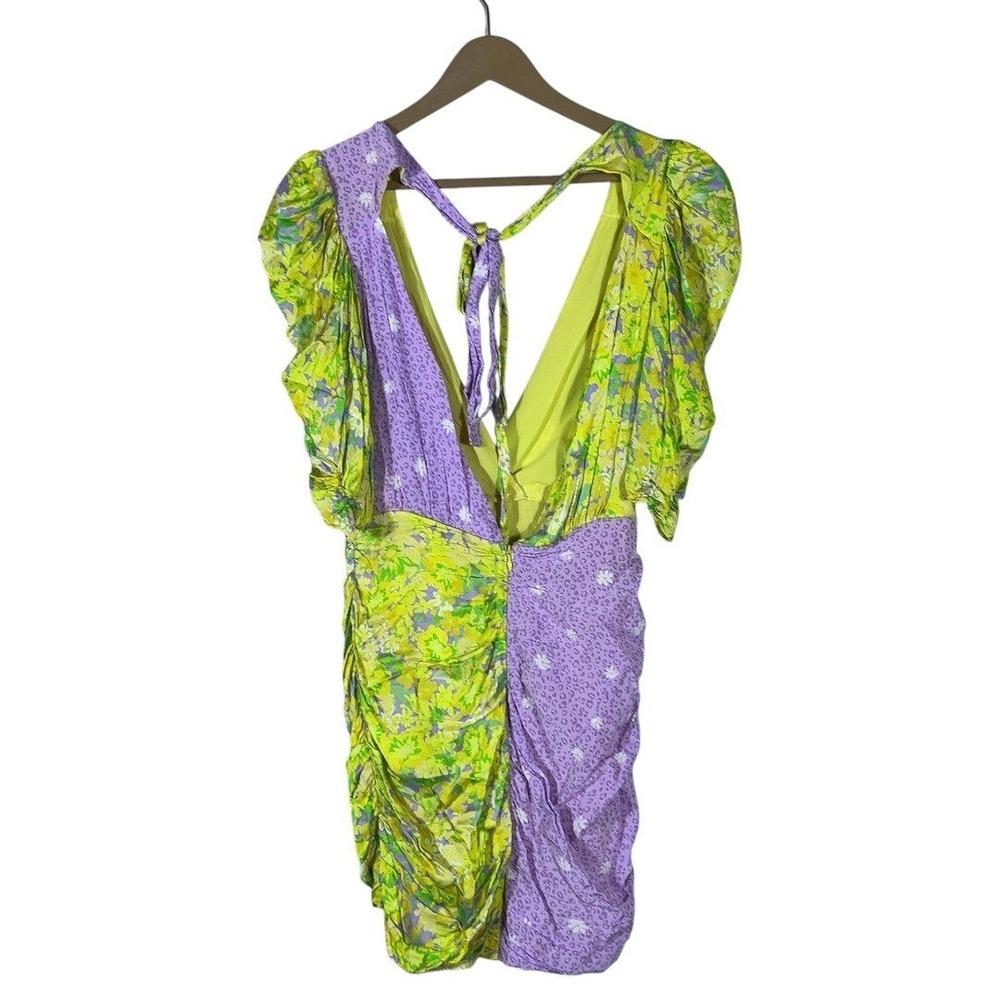For Love & Lemons Mixed Floral Leopard Mini Dress Purple Lime Green Ruched SizeS - Picture 5 of 7